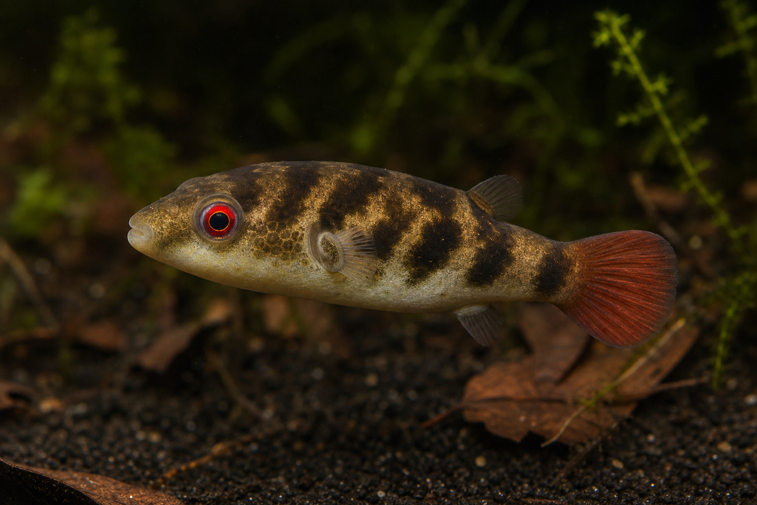 Baiacu-de-olhos-vermelhos-e-cauda-vermelha (Carinotetraodon irrubesco)