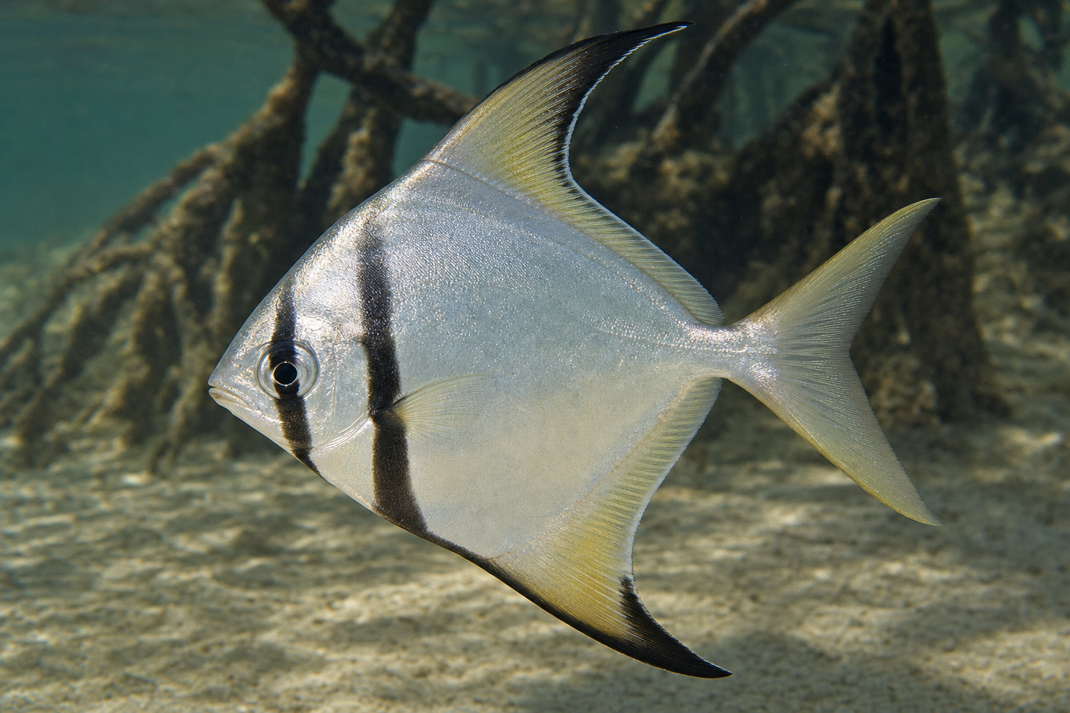 Monodáctilo plateado (Monodactylus argenteus)